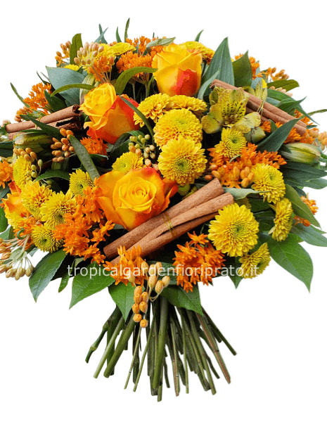 Bouquet  essenziale di rose arancio e fiori di stagione arancio / giallo di stagione