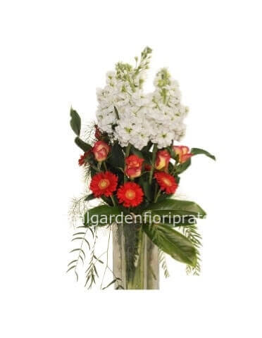Mazzo essenziale di fiori assortiti. Colore prevalente : bianco , giallo- arancio