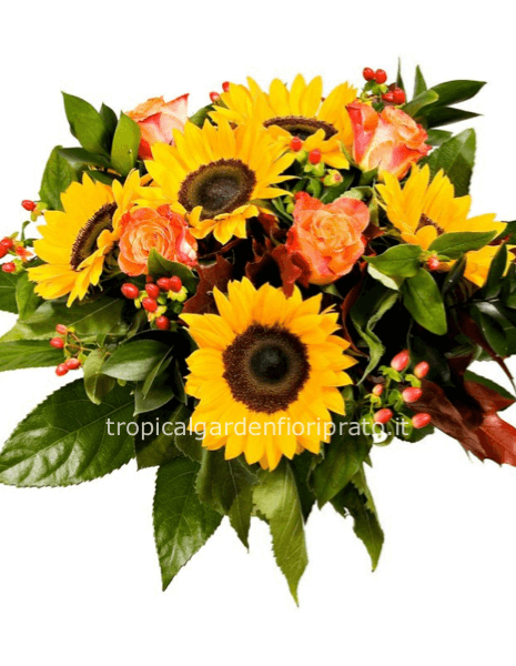 Bouquet essenziale di girasoli e rose colorate