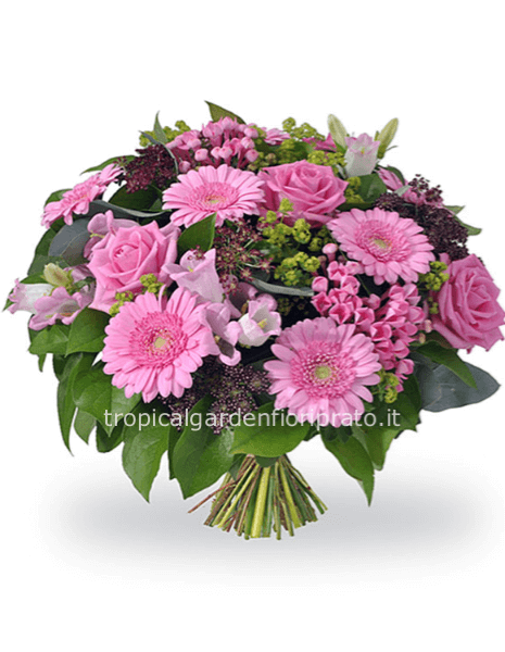 Bouquet di fiori freschi, gerbere e rose colore rosa.