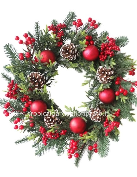 Coroncina natalizia con abete, bacche e decori.