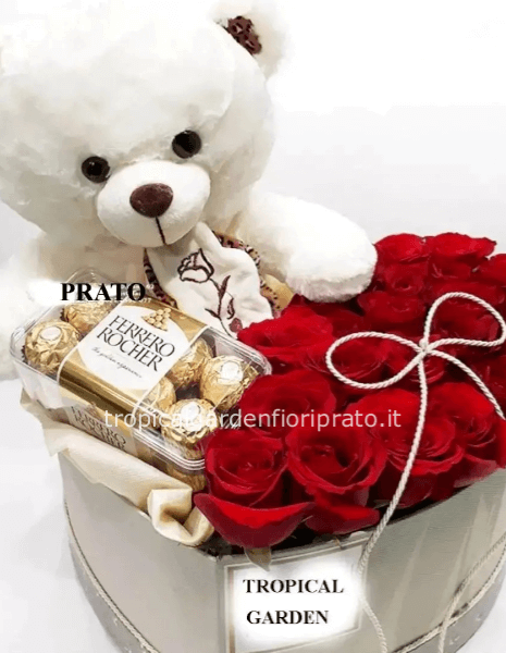 Scatola con rose , peluche e cioccolatini, diametro 21 cm