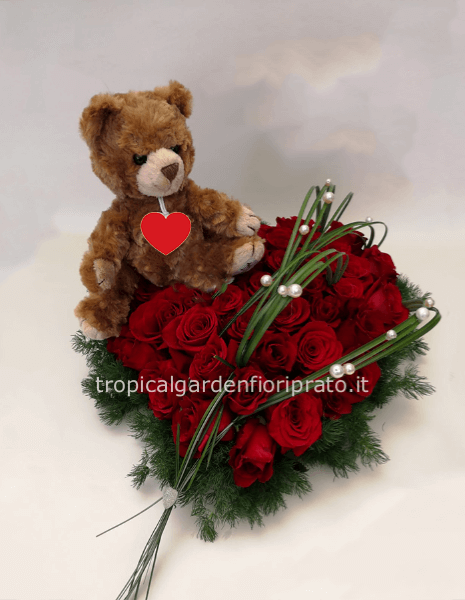 Cuore con rose rosse e peluche, diametro 25 cm