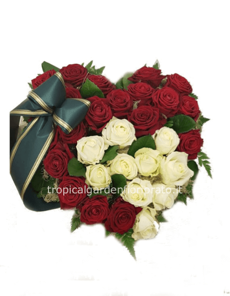 Cuore funebre con rose rosse e bianche 30 cm