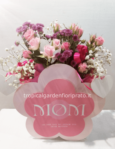 Scatola essenziale auguri mamma con fiori misti