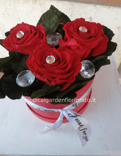 3 rose rosse stabilizzate in scatola con diamanti