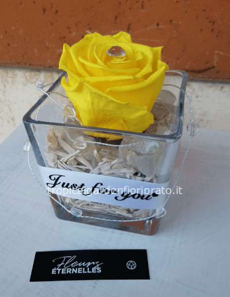 Rosa  gialla XL stabilizzata con diamante e cubo in vetro