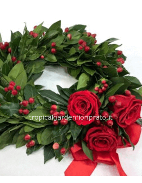 Coroncina alloro laurea virtus con rose e bacche