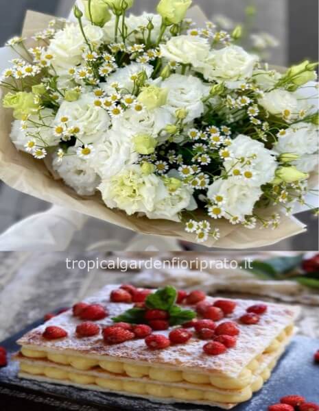 Bouquet di fiori e torta mille foglie di pasticceria circa 500 grammi