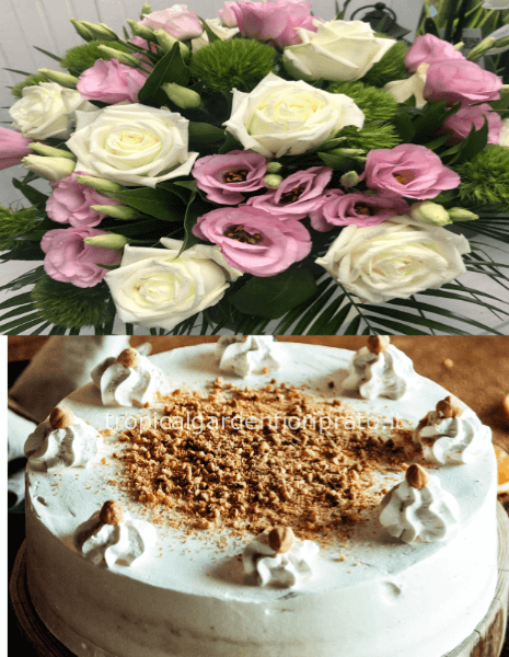 Bouquet di fiori e torta alla nocciola di pasticceria circa 500 grammi