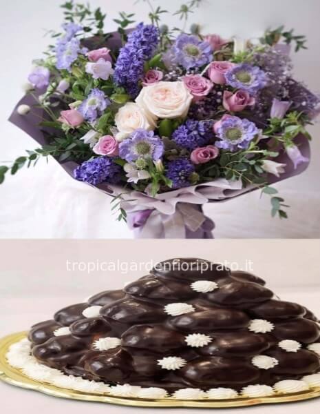 Bouquet di fiori e torta profiteroles di pasticceria circa 500 grammi