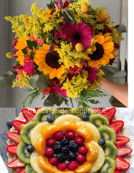 Bouquet di fiori e torta di frutta di pasticceria circa 500 grammi