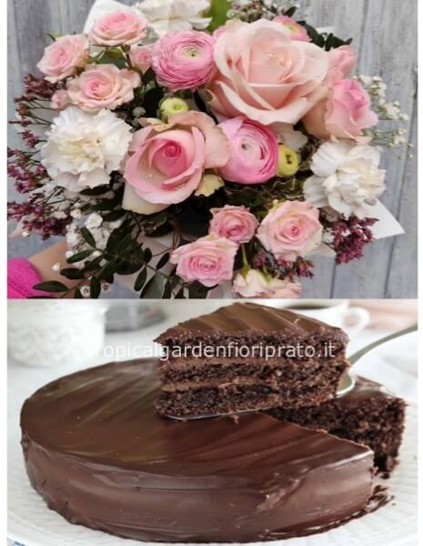 Bouquet di fiori e torta al cioccolato di pasticceria circa 1 kg