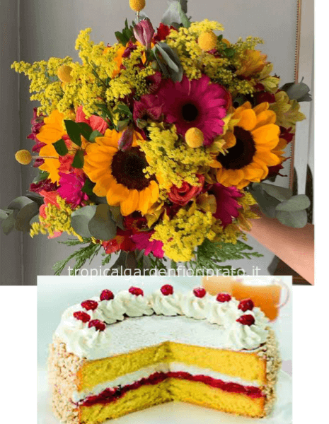Bouquet di fiori e torta alla crema con pan di Spagna di pasticceria circa 500 gr