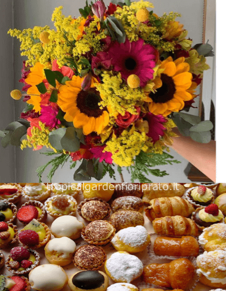 Bouquet di fiori e pasticcini di pasticceria circa 500 grammi