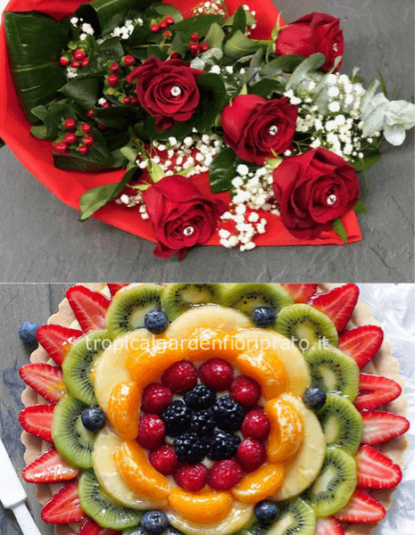 Rose extra 80 cm e torta alla frutta di pasticceria 1 kg circa