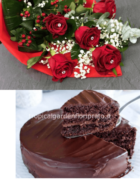 Rose a gambo lungo e torta al cioccolato di pasticceria 500 grammi circa