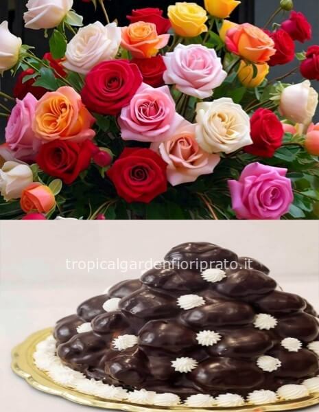 Rose a gambo lungo e torta profiterole di pasticceria 500 grammi circa