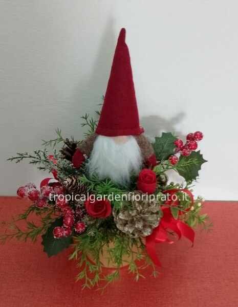 Confezione di buone feste con gnomo , decori naturali e artificiali + vaso oro in ceramica 