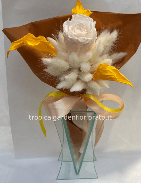 Bouquet fiori stabilizzati , calle e rosa, con vaso di vetro