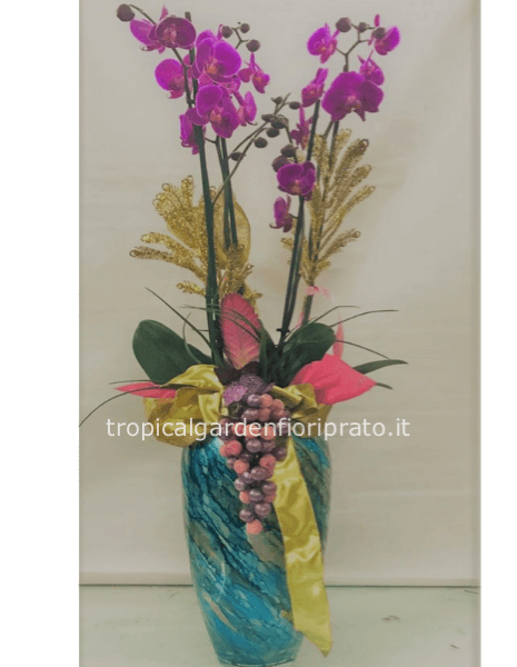 	 Orchidea con vaso dipinto a mano e confezione buone feste