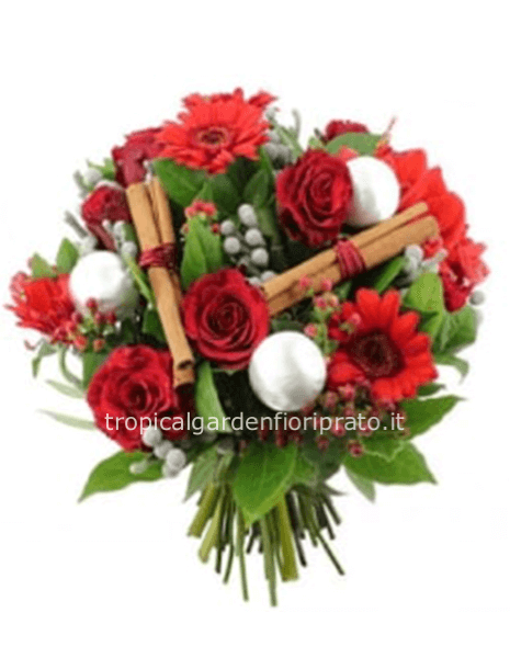 Bouquet di fiori misti rossi con confezione natalizia