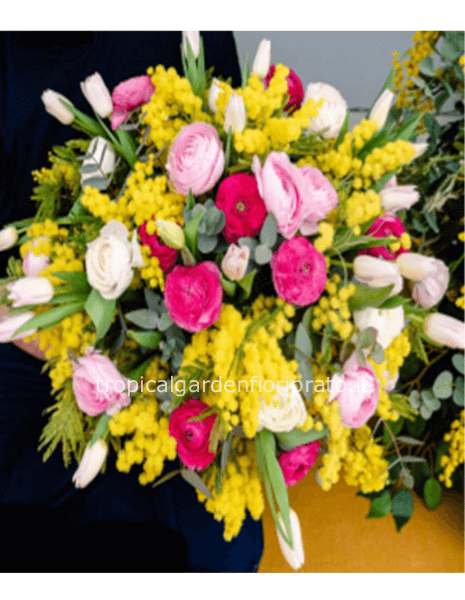 Maxi bouquet con tulipani, ranuncoli e mimosa