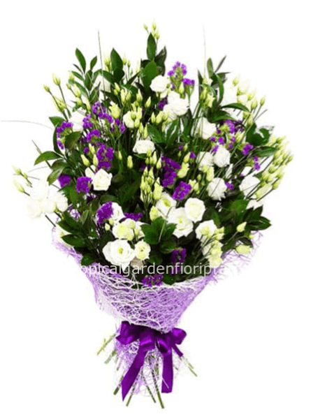 Mazzo essenziale di fiori bianco e viola