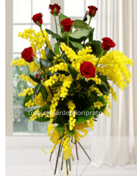Mazzo di rose rosse  a gambo lungo con mimosa