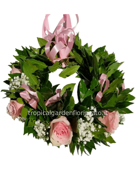 Coroncina laurea con rose rosa e gypsofila