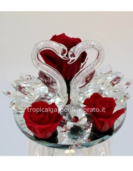 Cigni di cristallo con rose stabilizzate misura 12x11 cm