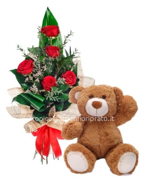 Rose rosse a gambo lungo, con peluche d'amore 20 cm
