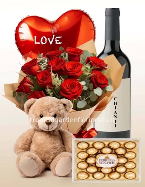 Set amore totale 12 rose a boccio grande, peluche 30 cm, pallonc grande,scatol cioccolatin e vino