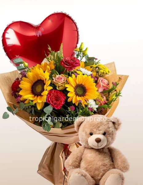 Bouquet combinato con peluche e palloncino a cuore