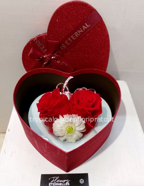 Due rose rosse e gerbera stabilizzati. Scatola e vassoio a forma di cuore