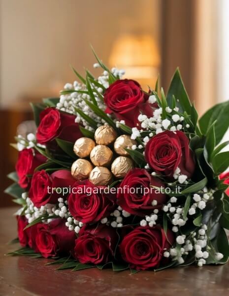 Bouquet di rose rosse a boccio grande e cioccolatini