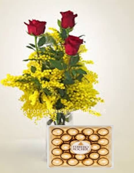 Rose rosse a gambo lungo con mimosa e scatola cioccolatini