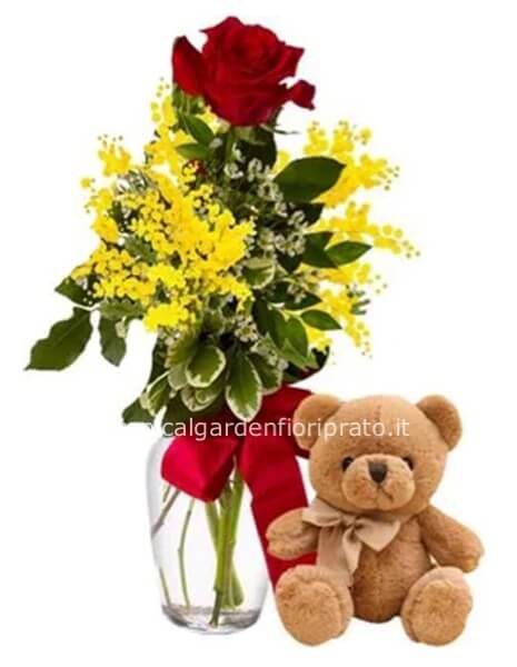 1 Rosa rossa extra a gambo lungo con mimosa e peluche 20 cm