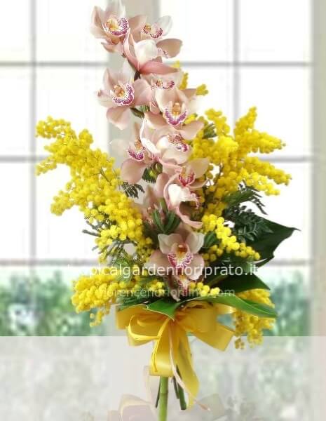 Ramo orchidea essenziale con mimosa