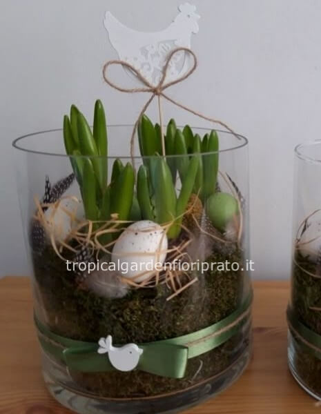 Composizione pasquale con piante bulbi e vaso in vetro