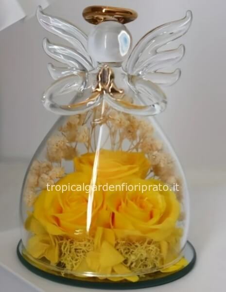 Angelo in vetro con 3 rose gialle stabilizzate