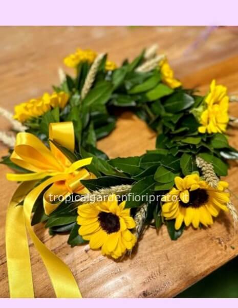 Coroncina alloro laurea con girasoli e spighe