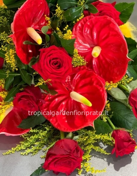 Mazzo di rose a gambo lungo e Anthurium