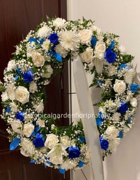 Corona funebre essenziale bianca e blu