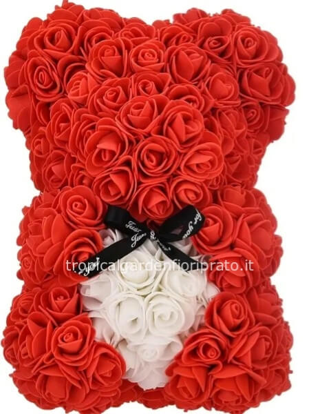ORSACCHIOTTO DI ROSE ROSSE CON CUORE BIANCO H 25CM
