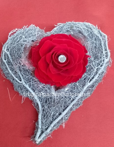 Cuore argento con rosa rossa XXL stabilizzata e diamante