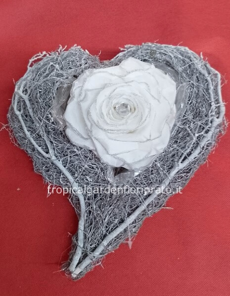 Cuore argento con rosa bianca e argento XXL stabilizzata e diamante