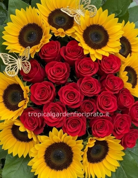 Bouquet maxi Deluxe con girasoli e rose rosse