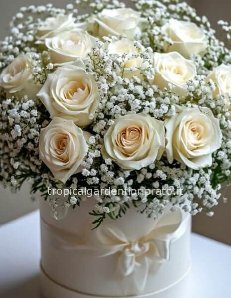 Flower box cappelliera con una dozzina di rose bianche e gypsophila