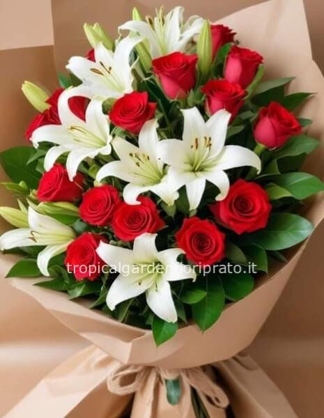 Mazzo lilium bianco e rose rosse a gambo lungo